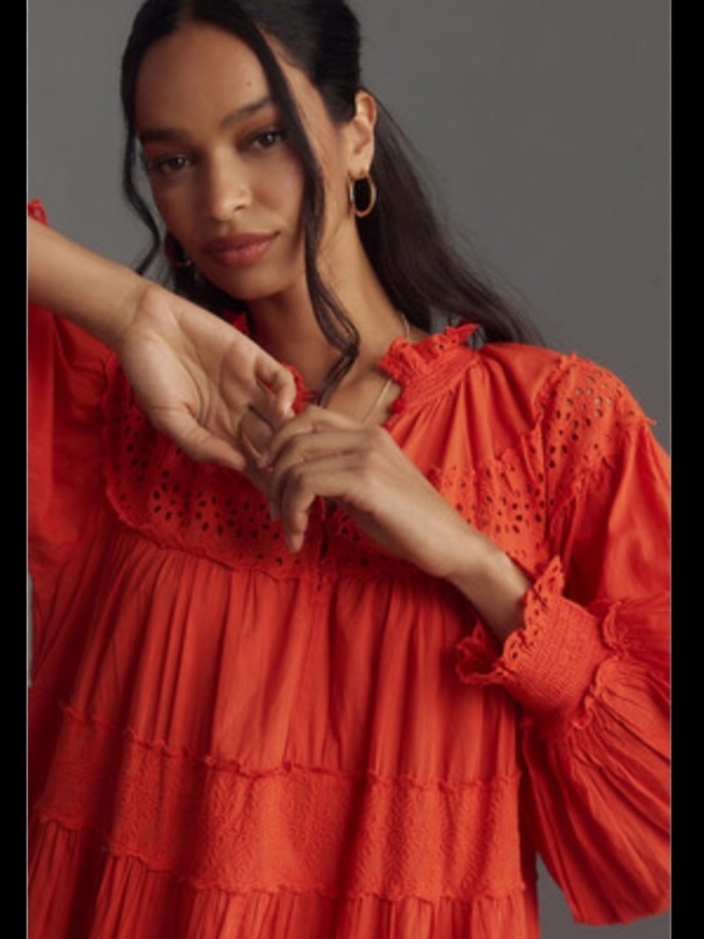 Anthropologie Maeve Long Sleeve Orange Red Mini Dress Plus Eyelet Tiered 1X EUC - Picture 6 of 9